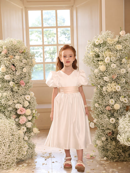 A-Line/Princess V-Neck Puff Sleeves Flower Girl Dresses with Sash