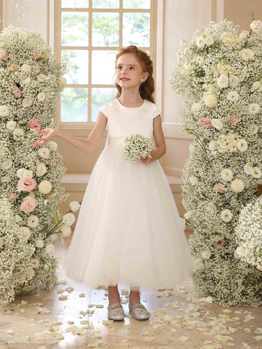 A-Line/Princess Crew Neck Short Sleeves Flower Girl Dresses with Sash