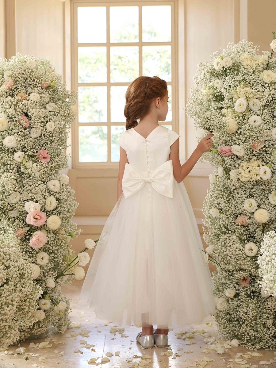 A-Line/Princess Crew Neck Short Sleeves Flower Girl Dresses with Sash