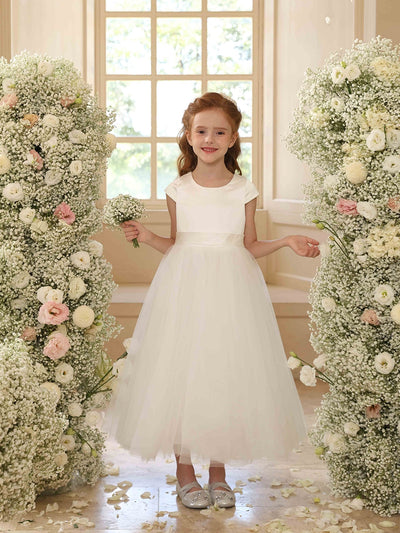 A-Line/Princess Crew Neck Short Sleeves Flower Girl Dresses with Sash