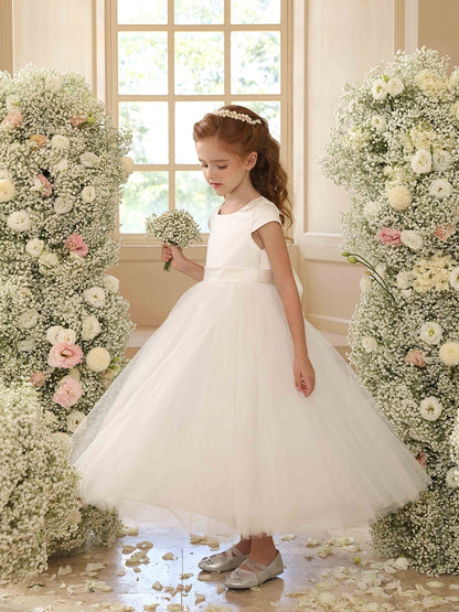 A-Line/Princess Crew Neck Short Sleeves Flower Girl Dresses with Sash