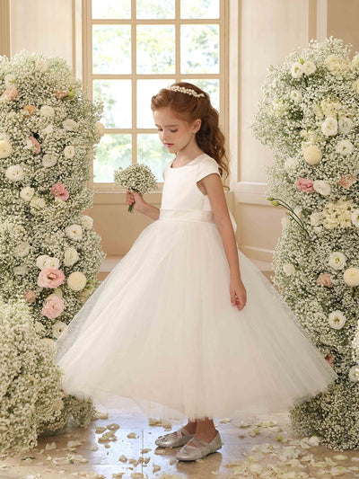 A-Line/Princess Crew Neck Short Sleeves Flower Girl Dresses with Sash