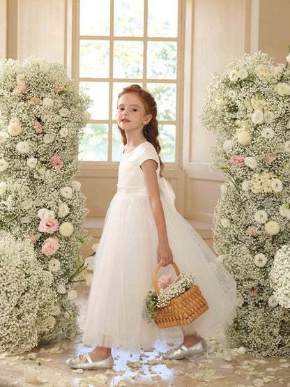 A-Line/Princess Crew Neck Short Sleeves Flower Girl Dresses with Sash