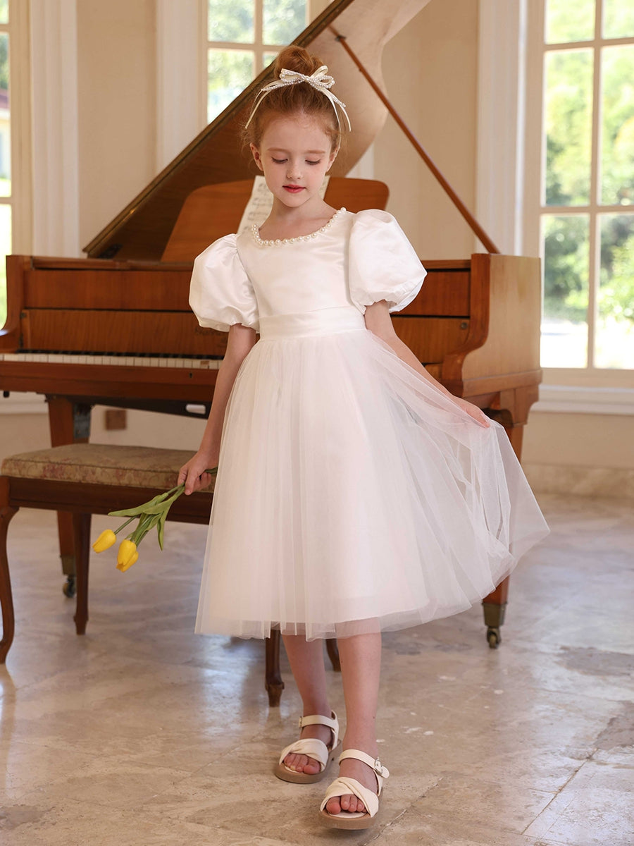 A-Line/Princess Crew Neck Puff Sleeves Flower Girl Dresses with Pearls