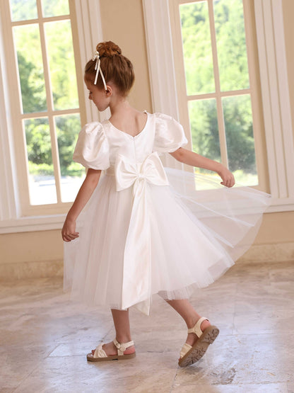 A-Line/Princess Crew Neck Puff Sleeves Flower Girl Dresses with Pearls