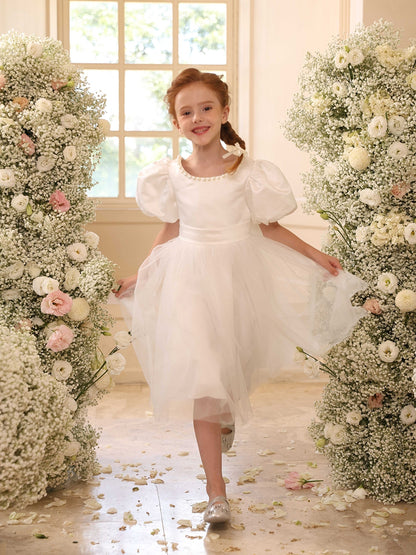 A-Line/Princess Crew Neck Puff Sleeves Flower Girl Dresses with Pearls