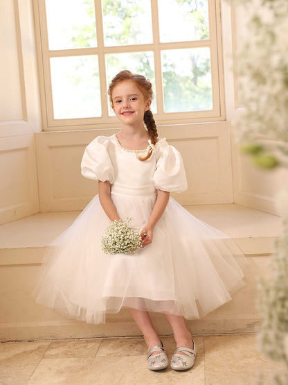 A-Line/Princess Crew Neck Puff Sleeves Flower Girl Dresses with Pearls