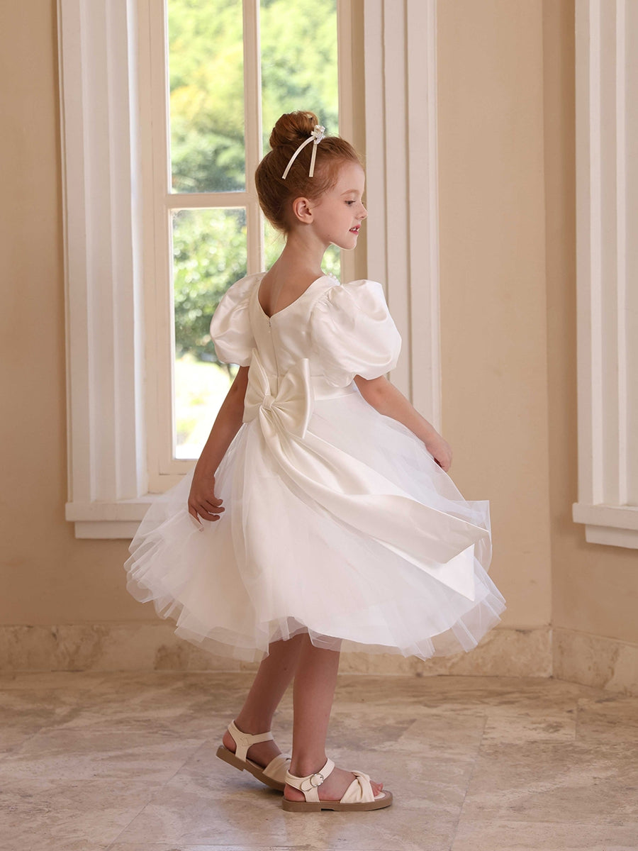 A-Line/Princess Crew Neck Puff Sleeves Flower Girl Dresses with Pearls