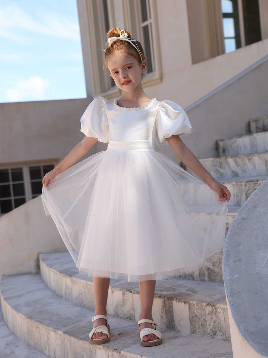 A-Line/Princess Crew Neck Puff Sleeves Flower Girl Dresses with Pearls