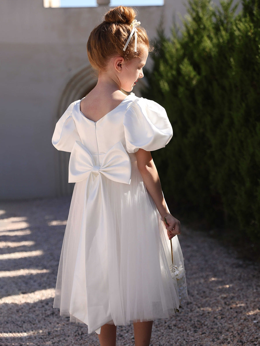 A-Line/Princess Crew Neck Puff Sleeves Flower Girl Dresses with Pearls