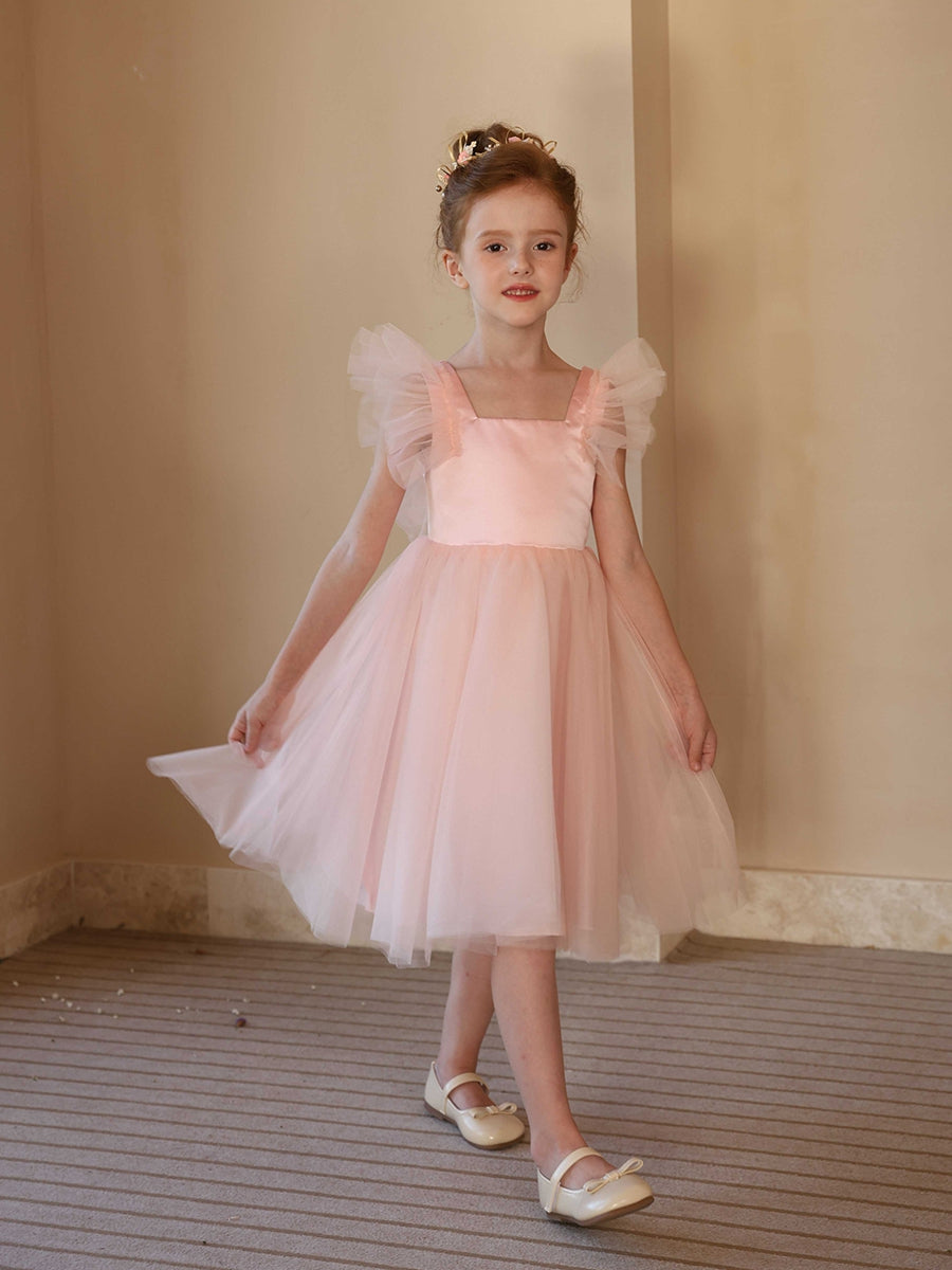 A-Line/Princess Square Neck Flying Sleeves  Flower Girl Dresses with Ruffles