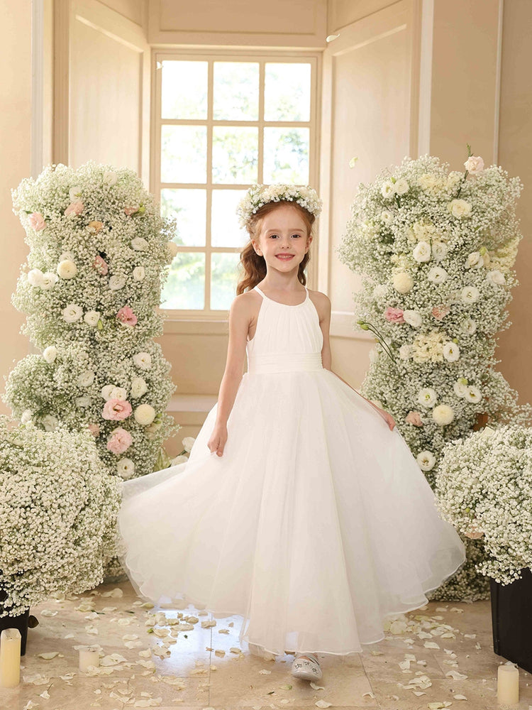 A Line Princess Halter Sleeveless Flower Girl Dresses with Ruffles Lavetir