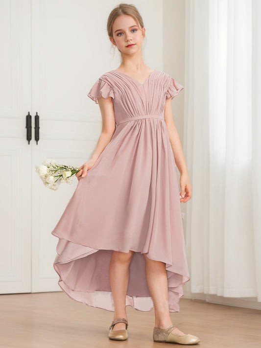 A-Line/Princess V-Neck Short Sleeves Bow Junior Bridesmaid Dresses