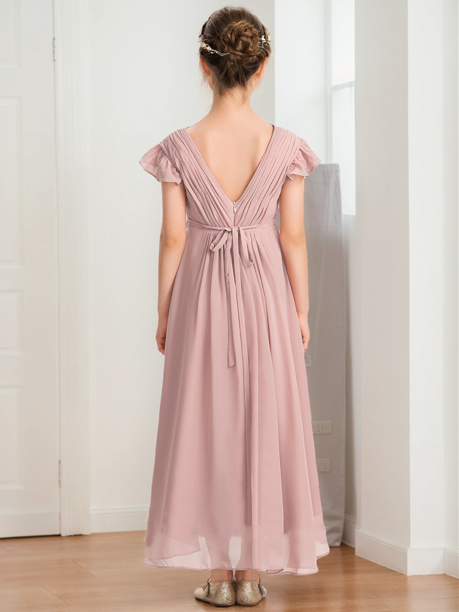 A-Line/Princess V-Neck Short Sleeves Bow Junior Bridesmaid Dresses