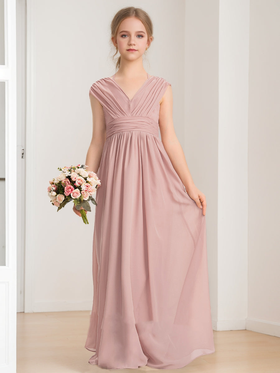 A-Line/Princess V-Neck Sleeveless Bow Junior Bridesmaid Dresses