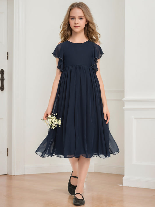 A-Line/Princess Scoop Short Sleeves Beading Junior Bridesmaid Dresses