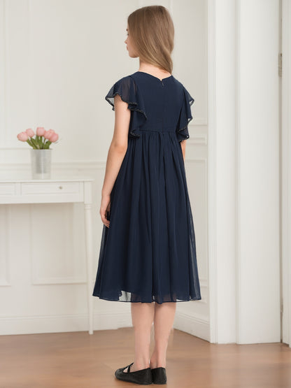 A-Line/Princess Scoop Short Sleeves Beading Junior Bridesmaid Dresses