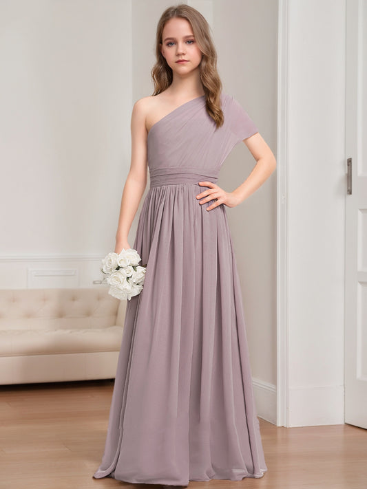 A-Line/Princess One-Shoulder Asymmetrical Ruched Junior Bridesmaid Dresses