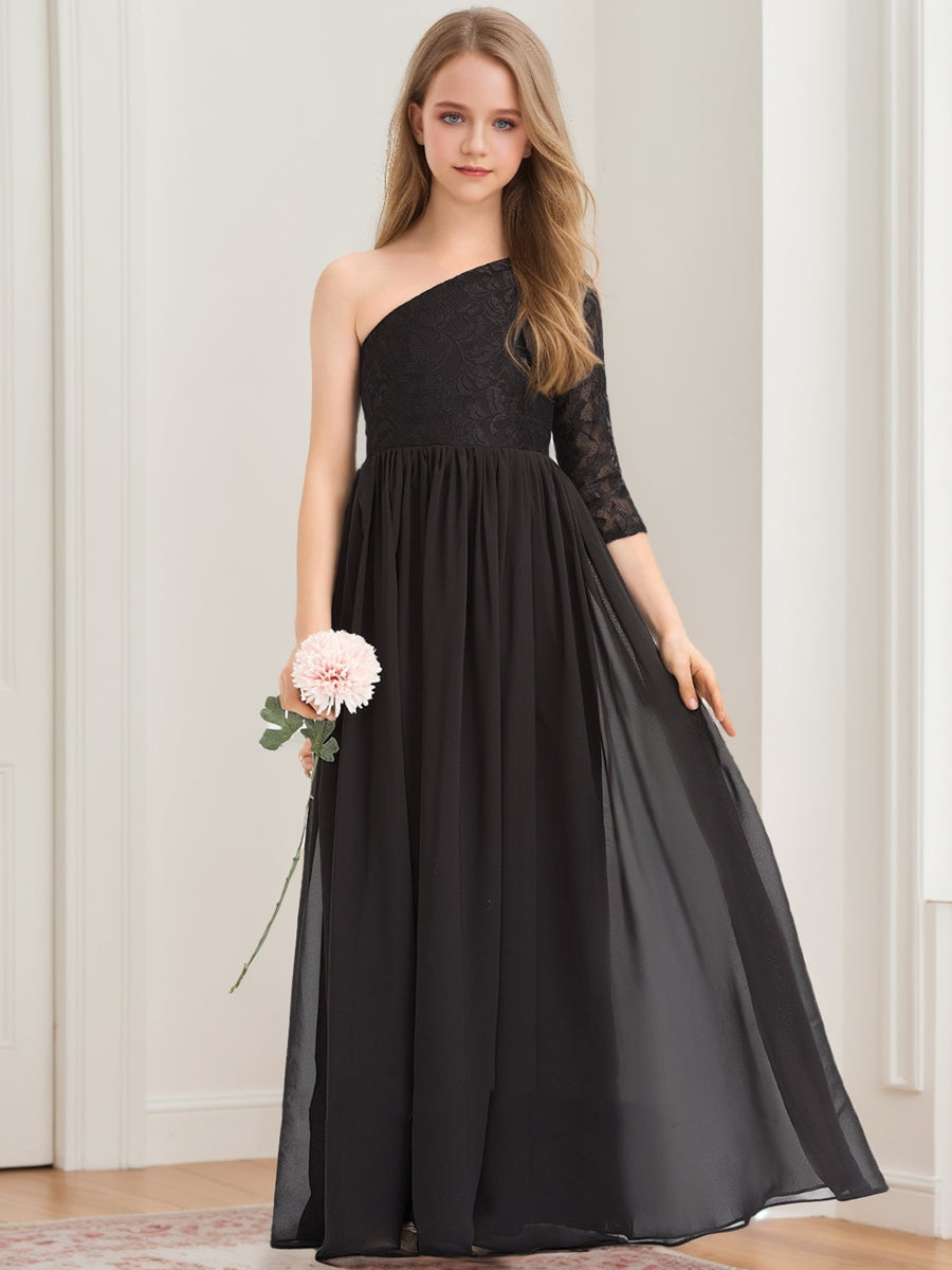 A-Line/Princess One-Shoulder Asymmetrical Lace Junior Bridesmaid Dresses