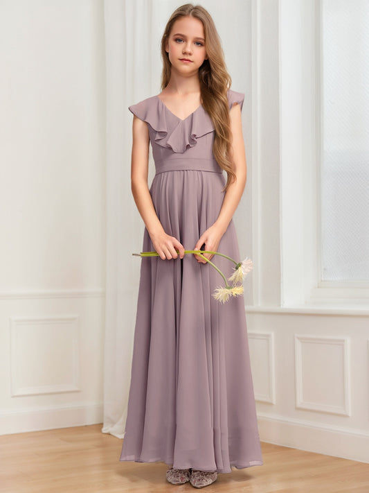 A-Line/Princess V-Neck Sleeveless Ruffles Junior Bridesmaid Dresses