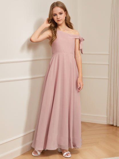 A-Line/Princess One-Shoulder Asymmetrical Bow Junior Bridesmaid Dresses