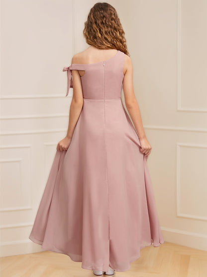 A-Line/Princess One-Shoulder Asymmetrical Bow Junior Bridesmaid Dresses