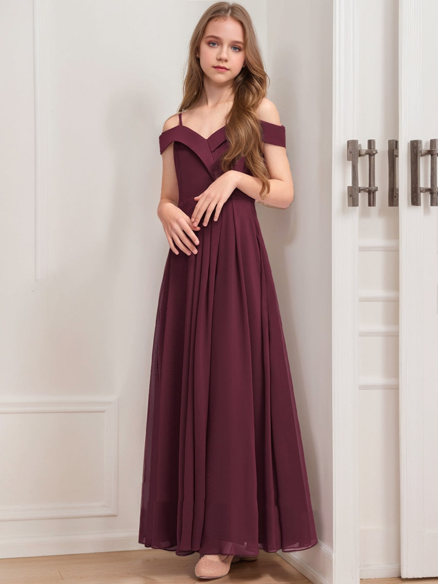 A-Line/Princess Cold Shoulder Short Sleeves Pleats Junior Bridesmaid Dresses