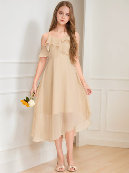 A-Line/Princess Cold Shoulder Short Sleeves Ruffles Junior Bridesmaid Dresses