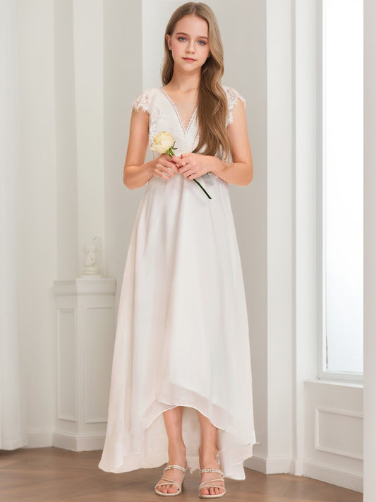 A-Line/Princess V-Neck Short Sleeves Lace Junior Bridesmaid Dresses