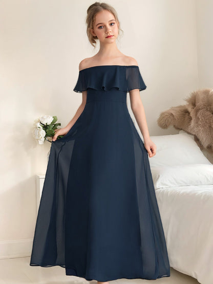 A-Line/Princess Off-the-Shoulder Short Sleeves Ruched Junior Bridesmaid Dresses