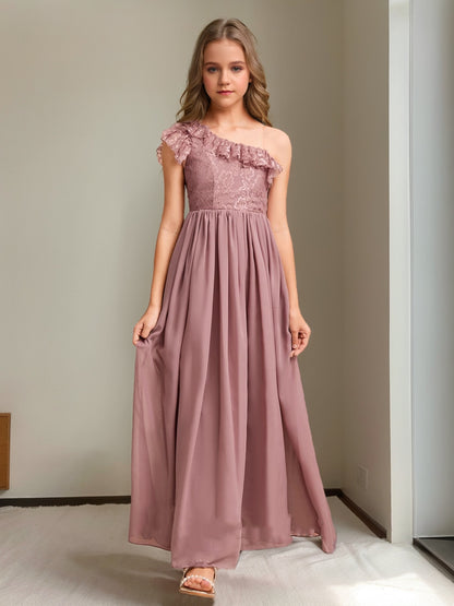 A-Line/Princess One-Shoulder Asymmetrical Lace Junior Bridesmaid Dresses