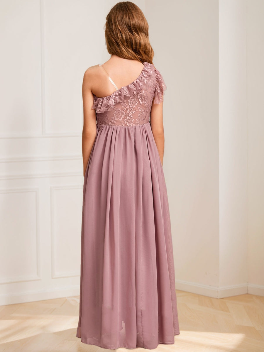 A-Line/Princess One-Shoulder Asymmetrical Lace Junior Bridesmaid Dresses