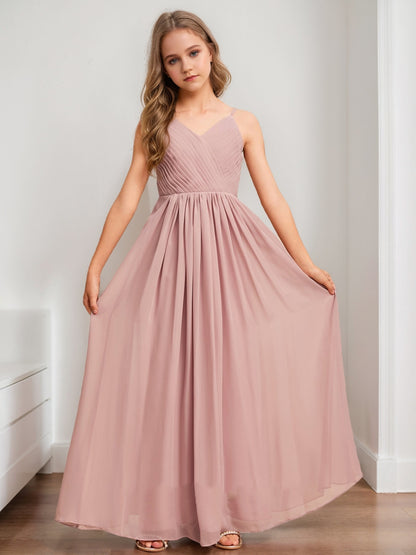 A-Line/Princess V-Neck Sleeveless Pleats Junior Bridesmaid Dresses