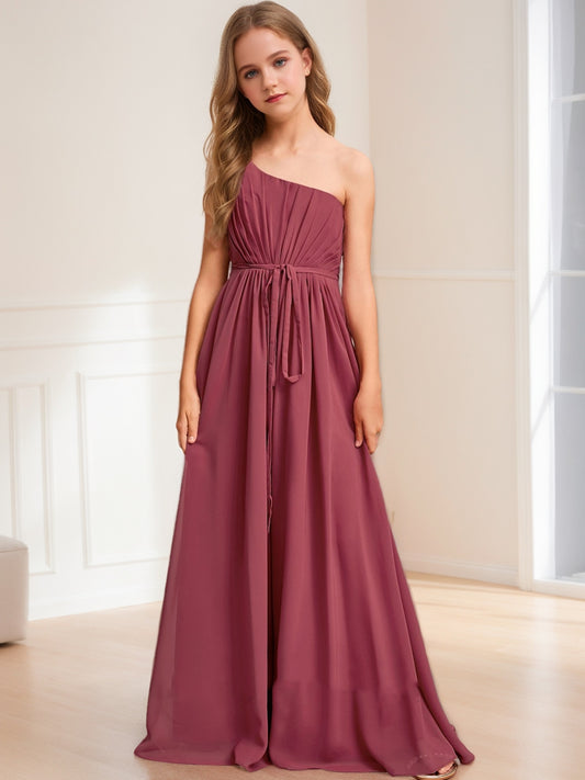 A-Line/Princess One-Shoulder Sleeveless Belt Junior Bridesmaid Dresses