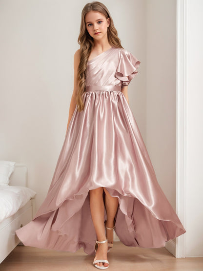 A-Line/Princess One-Shoulder Asymmetrical Pleats Junior Bridesmaid Dresses