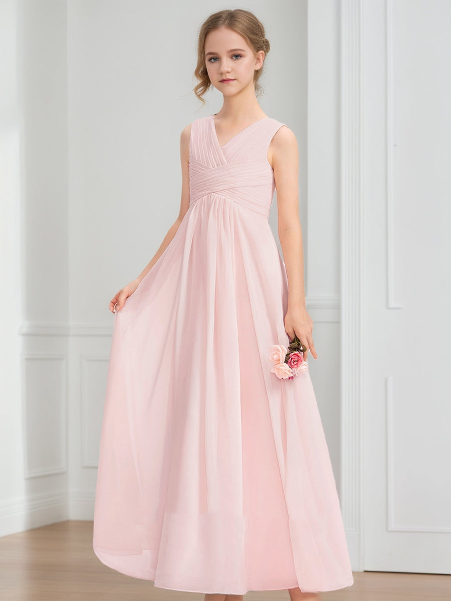 A-Line/Princess V-Neck Sleeveless Ruched Junior Bridesmaid Dresses