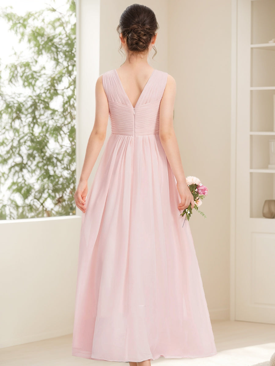 A-Line/Princess V-Neck Sleeveless Ruched Junior Bridesmaid Dresses