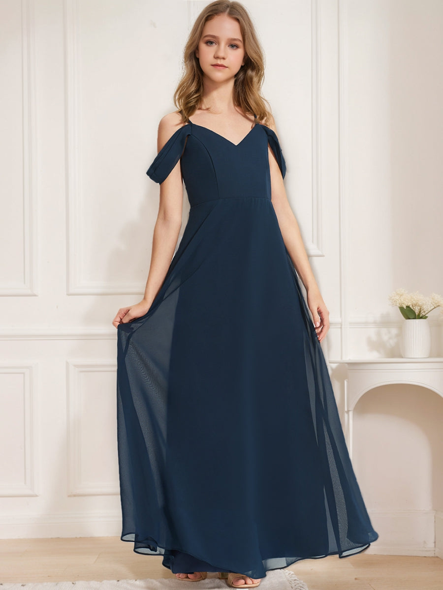 A-Line/Princess Cold Shoulder Short Sleeves Ruched Junior Bridesmaid Dresses