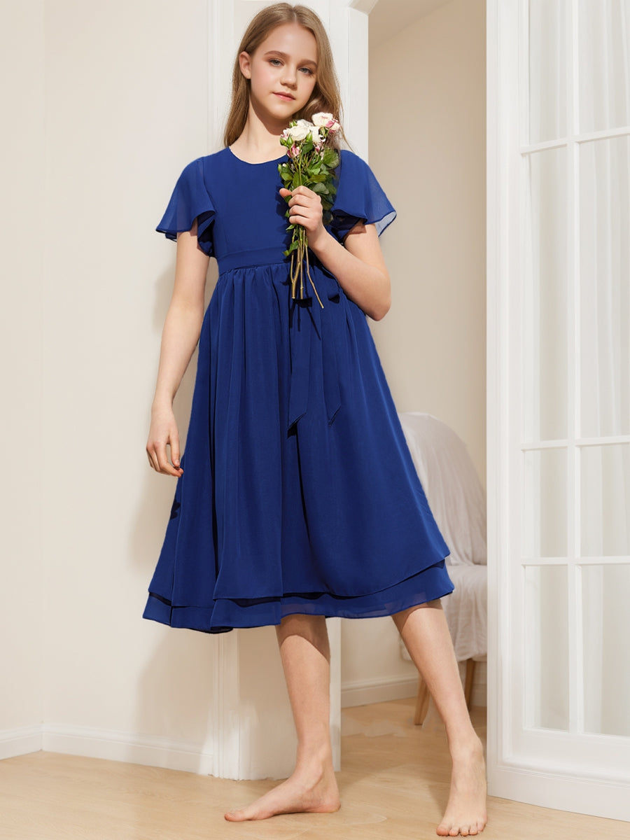 A-Line/Princess Scoop Short Sleeves Belt Junior Bridesmaid Dresses