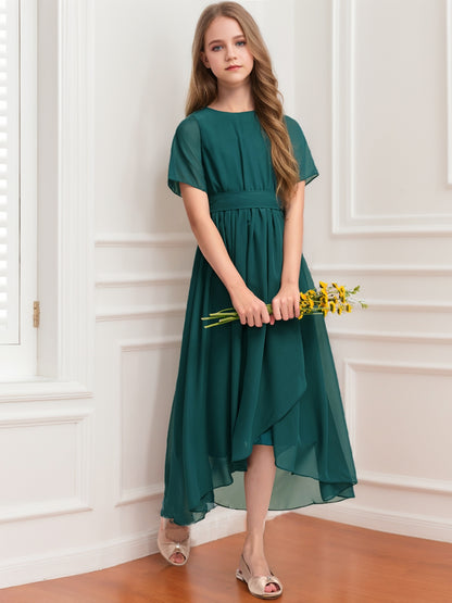 A-Line/Princess Scoop Short Sleeves Ruched Junior Bridesmaid Dresses