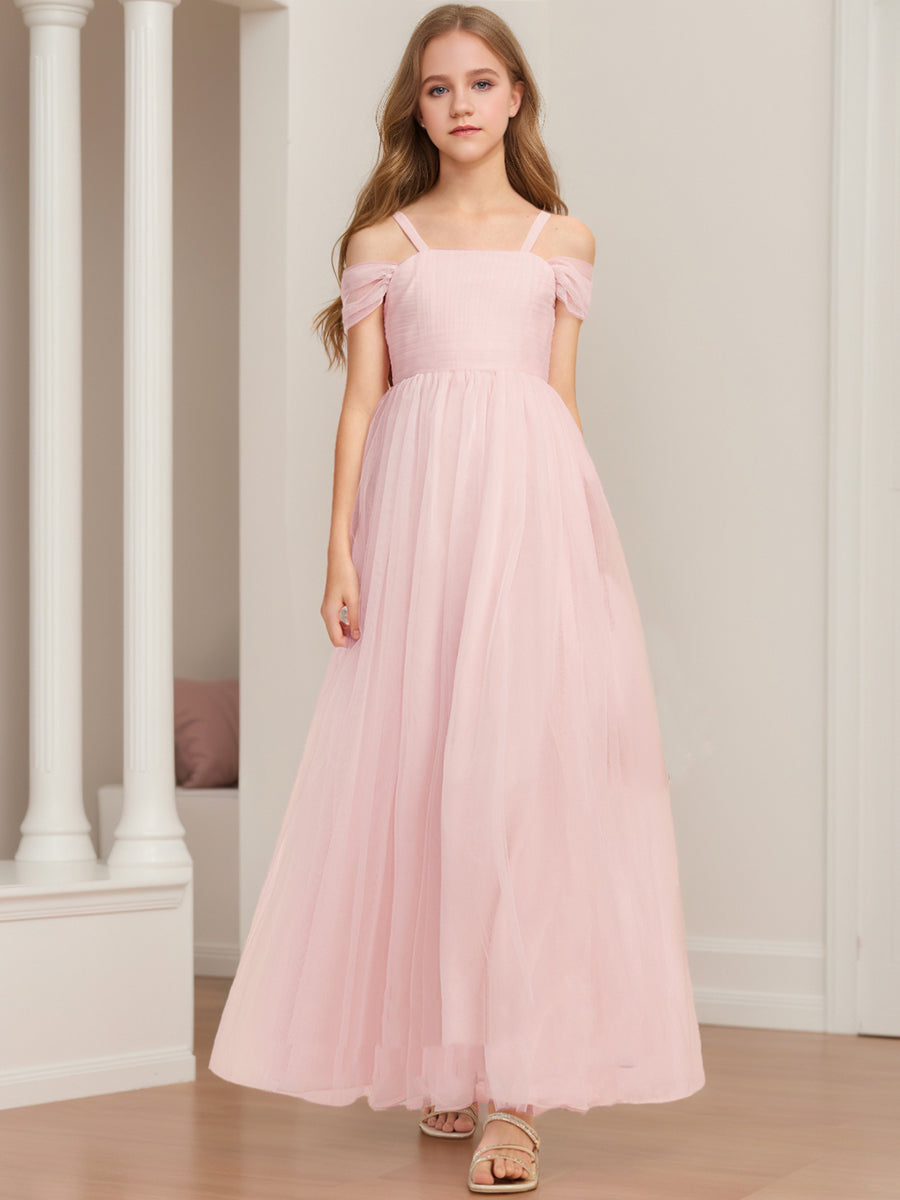 A-Line/Princess Cold Shoulder Short Sleeves Ruched Junior Bridesmaid Dresses