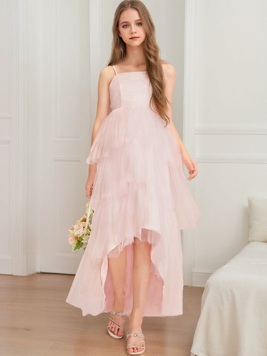 A-Line/Princess Square Neck Sleeveless Tiered Junior Bridesmaid Dresses