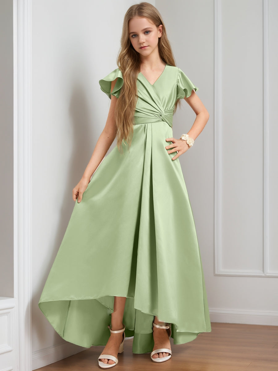 A-Line/Princess V-Neck Short Sleeves Ruffles Junior Bridesmaid Dresses