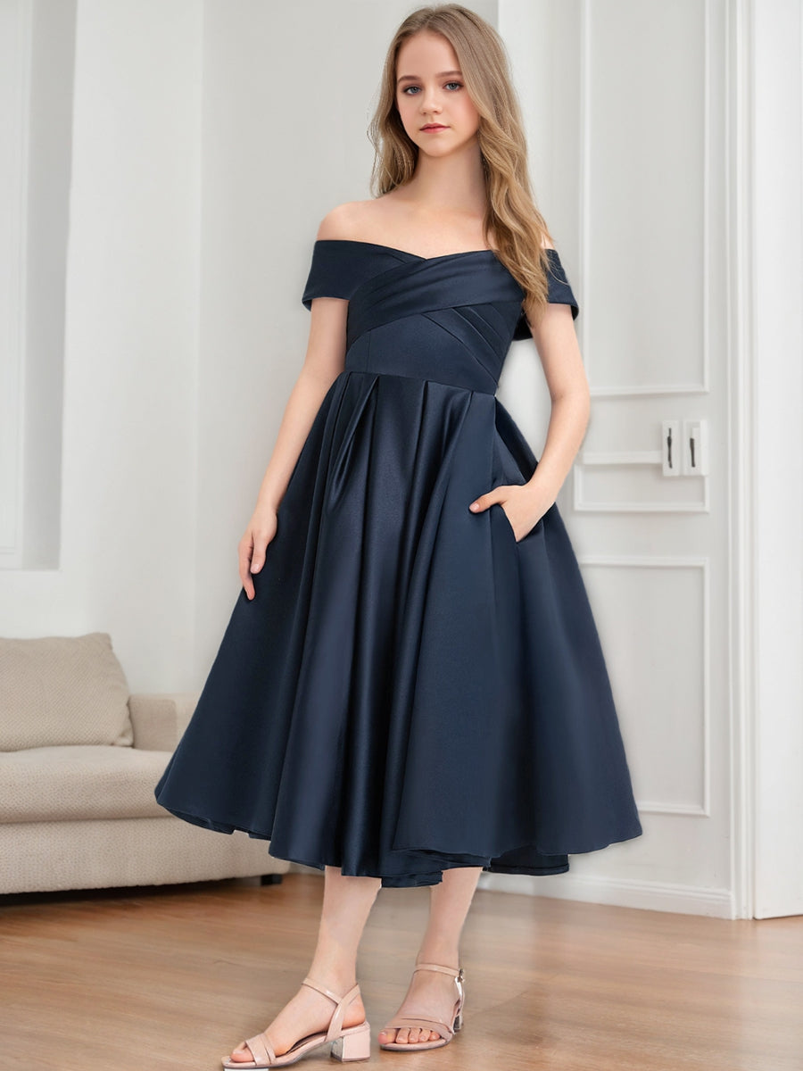 A-Line/Princess Off-the-Shoulder Short Sleeves Ruched Junior Bridesmaid Dresses