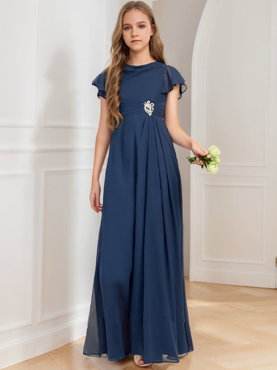 A-Line/Princess Scoop Short Sleeves Sash Junior Bridesmaid Dresses