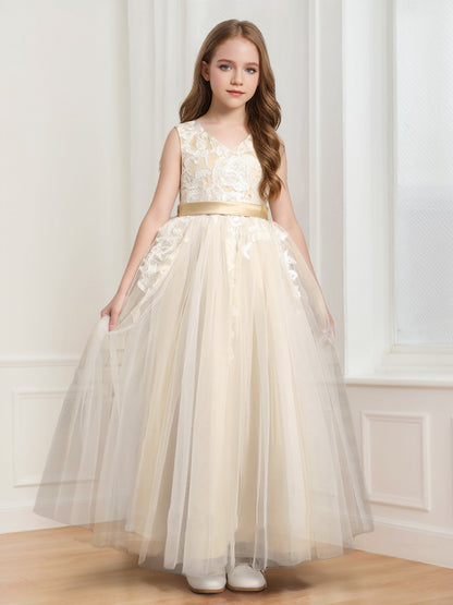 A-Line/Princess V-Neck Floor-Length Tulle Flower Girl Dresses with Appliques