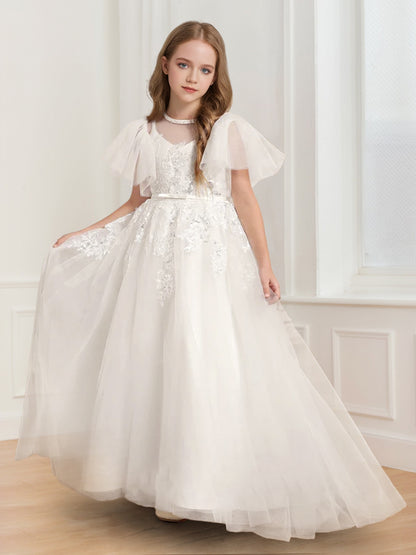 A-Line/Princess Scoop Flying Sleeves Tulle Flower Girl Dresses with Appliques