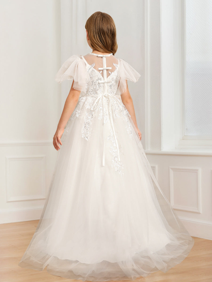 A-Line/Princess Scoop Flying Sleeves Tulle Flower Girl Dresses with Appliques