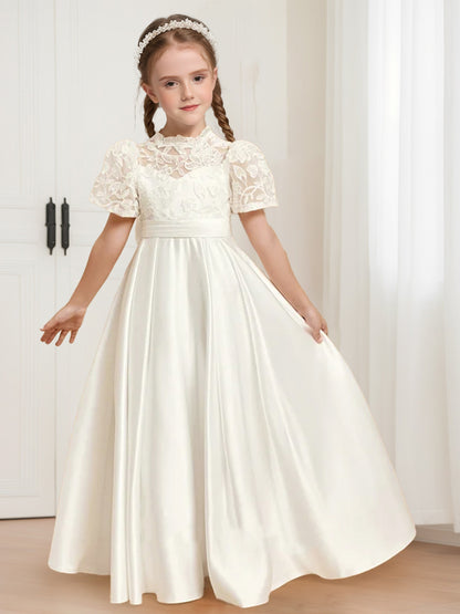 A-Line/Princess High Neck Short Sleeves Satin Flower Girl Dresses with Bow