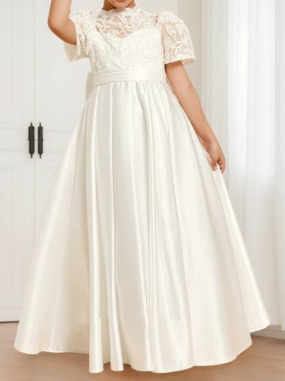 A-Line/Princess High Neck Short Sleeves Satin Flower Girl Dresses with Bow